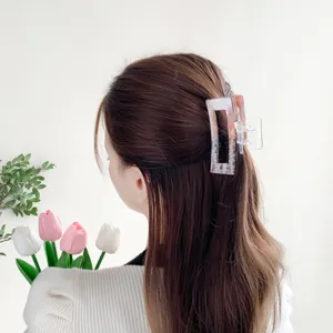 Pink marble rectangle hair claw clip with Chinese calligraphy for elegant women's styling