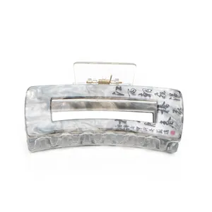 Elegant Chinese style marble hair claw clip with artistic black ink calligraphy design