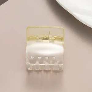 Detail view of square transparent hair claw clip with golden spring on purple background