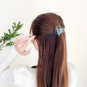 Pince à cheveux griffes bleu clair translucide sur coiffure demi-attachée femme