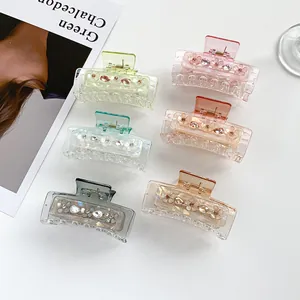 Korean Style Transparent Flower Hair Claw Clip Elegant Rhinestone Acrylic Hair Clamp For Women Sweet Floral Accessory