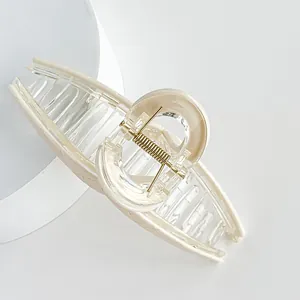 Minimalist large 13cm checkered shark hair claw clip in cream beige for thick hair styling