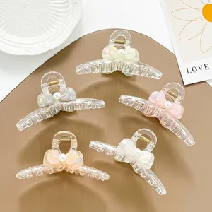 Pinza de Pelo Transparente con Lazo de Mariposa y Perla Artificial de Imitación Elegante Pinza de Acrílico Accesorio para el Pelo