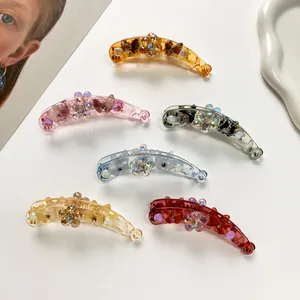 Grande Pince à Cheveux Banane en Résine pour Femmes Fleur en Strass Papillon Accessoire de Coiffure Vertical Mode