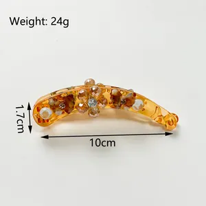 Grande pince banane ambre avec fleur en strass et papillons pour cheveux épais, 10cm