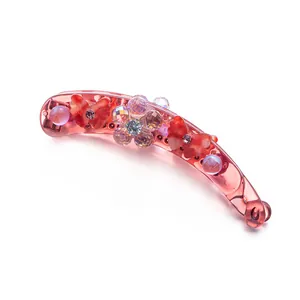 Pince à cheveux banane rouge translucide avec papillons dégradés et fleurs en cristal