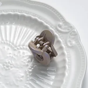 Close-up of mini glitter hair claw clip with golden pearl finish on vintage ceramic plate