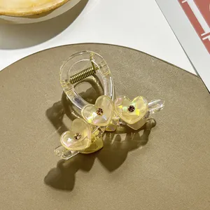 Detail of transparent heart claw clip with sparkling rhinestones and gold spring