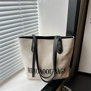 Canvas Tote Bag Large Capacity PU Leather Handle Letter Print Casual Shoulder Bag For Women Students Commuting