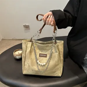 Vintage Women Tote Bag PU Leather Canvas Large Capacity Shoulder Bag With Metal Chain Faux Artificial Pearl Elegant Commuter Handbag