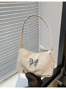 Women Fashion Y2K Pleated Underarm Bag With Silver Metallic Butterfly Summer Trendy Shoulder Crossbody Bag Versatile
