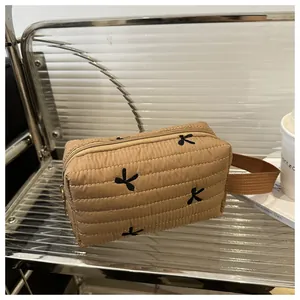 Macro detail of khaki quilted makeup bag with black embroidery and woven handle