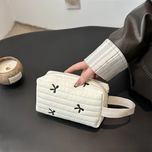 Women Quilted Makeup Bag Embroidered Bow Cosmetic Organizer Small Clutch Bag With Handle For Travel Daily Use Handbag