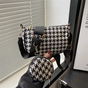 Women Houndstooth Two-In-One Crossbody Bag Retro Fabric Small Square Bag With Round Pouch Wide Adjustable Shoulder Strap Urban Fashion Shoulder Bag