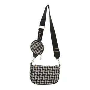 Classic black and white houndstooth crossbody bag set with wide strap and round coin purse