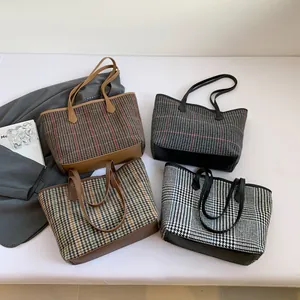 Large capacity vintage plaid tote bags in various check patterns for winter fashion