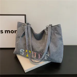 Women Casual Corduroy Tote Bag With Colorful STUFF Embroidery Large Capacity Minimalist Shoulder Bag Solid Color Fashion Handbag