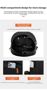 Detail view of multi-pocket interior storage for nylon backpack showing functional compartments