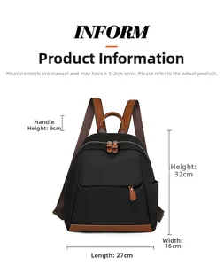 Detailed dimensions of black and brown oxford backpack with 27x16x32cm size markings