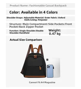 Detail view of lightweight oxford fabric backpack with multiple pockets and 0.47kg weight