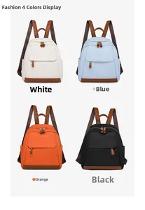 Four lightweight oxford nylon backpacks shown in white, blue, orange, and black colors