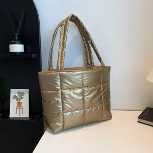 Fashion Metallic Quilted Puffer Tote Bag Large Capacity Women Urban Casual PU Leather Shoulder Handbag For Everyday Office