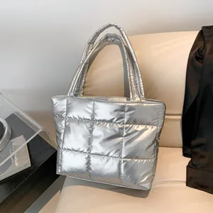 Silver quilted tote bag in metallic high-gloss fabric for women stylish daily carry
