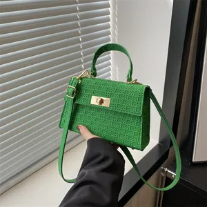 Woven Pattern PU Leather Small Square Crossbody Bag For Women Minimalist Fashion Shoulder Handbag With Metallic Lock Purse