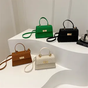 Minimalist square crossbody bags with top handles and gold locks in four trendy colors