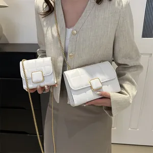 Sac Carré Élégant pour Femme en Similicuir Matelassé Plaid Avec Bandoulière Chaîne Boucle Carrée Sac à Épaule
