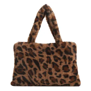 Chic leopard print faux fur tote bag with plush shoulder straps and soft texture