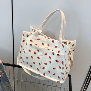 Women's Corduroy Strawberry Print Large Capacity Tote Bag Sweet School Commuting Handbag Shoulder Crossbody Bag With Double Front Pockets