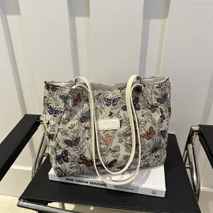 Women Butterfly Print Jacquard Tote Bag Large Capacity Canvas Shoulder Bag Vintage Fashion Student Handbag Zipper Closure
