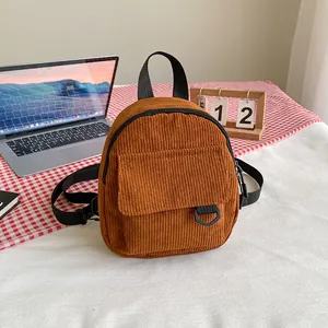 Mini Mochila de Pana para Mujer Vintage Casual Bolso Escolar Pequeño Con Correas Ajustables Bolsillo Con Cremallera Diario