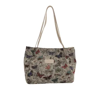 Vintage canvas tote bag with butterfly print and leather tag for high school students