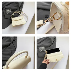 Detailed views of cream quilted crossbody bag with heart studs and golden hardware