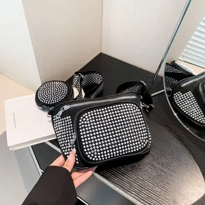 Sac Bandoulière Femme Mode Strass en Cuir PU Avec Petite Pochette Ronde Bandoulière Large Géométrique Sac à Épaule Tendance