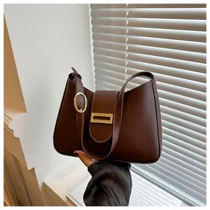 French style dark brown hobo shoulder bag with matte finish and gold metal buckle