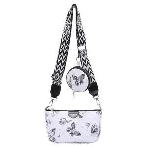 Bolso bandolera blanco con estampado de mariposas, correa ancha y monedero redondo