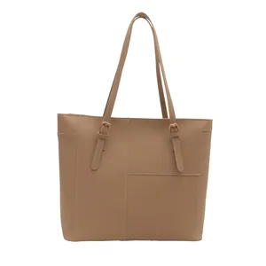 Large khaki leather tote bag with vintage stitching and gold metal buckle accents