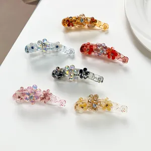 Elegant Flower Banana Hair Clip Acrylic Resin Vertical Clip With Rhinestones Korean Style Hair Accessories For Women Daily Office Styling