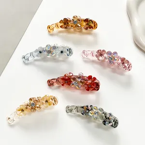 Elegant Flower Banana Hair Clip For Women Girls Acrylic Resin Vertical Hairpin Rhinestone Ponytail Holder Hair Accessories