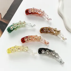 Pince à Cheveux Banane Fleurs Strass Acrylique Grand Support Queue de Cheval Style Coréen Accessoire Cheveux Femme