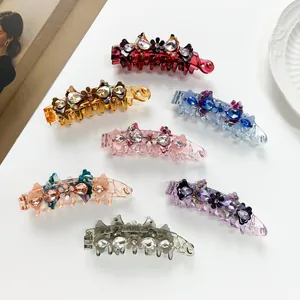 Vintage Acetate Banana Clip For Women Rhinestone Crystal Flower Hair Accessory Large Vertical Hairpin Elegant Headwear Daily Party