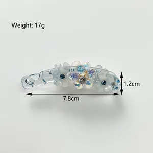 Blue floral banana hair clip with rhinestones and translucent petals, 7.8cm length