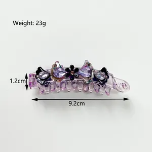 Purple acetate banana hair clip with crystal flowers and rhinestones, 9.2cm length