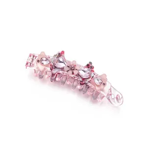 Pink acetate banana hair clip with crystal flowers and rhinestones for elegant ponytail styling