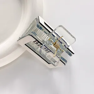 Elegant rhinestone square hair claw clip with transparent acrylic and gold metal spring
