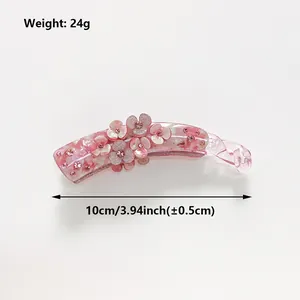 Pink banana hair clip with floral sequins and rhinestones for thick hair, 10cm length