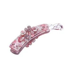 Pink marble texture banana clip with floral rhinestones for high ponytails